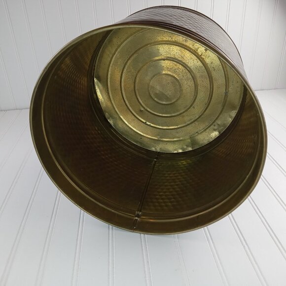 Large Brass Planter Hammered Gold Trash Can 10 x 12.5 MCM Patina Vtg Flower Pot - Picture 9 of 12